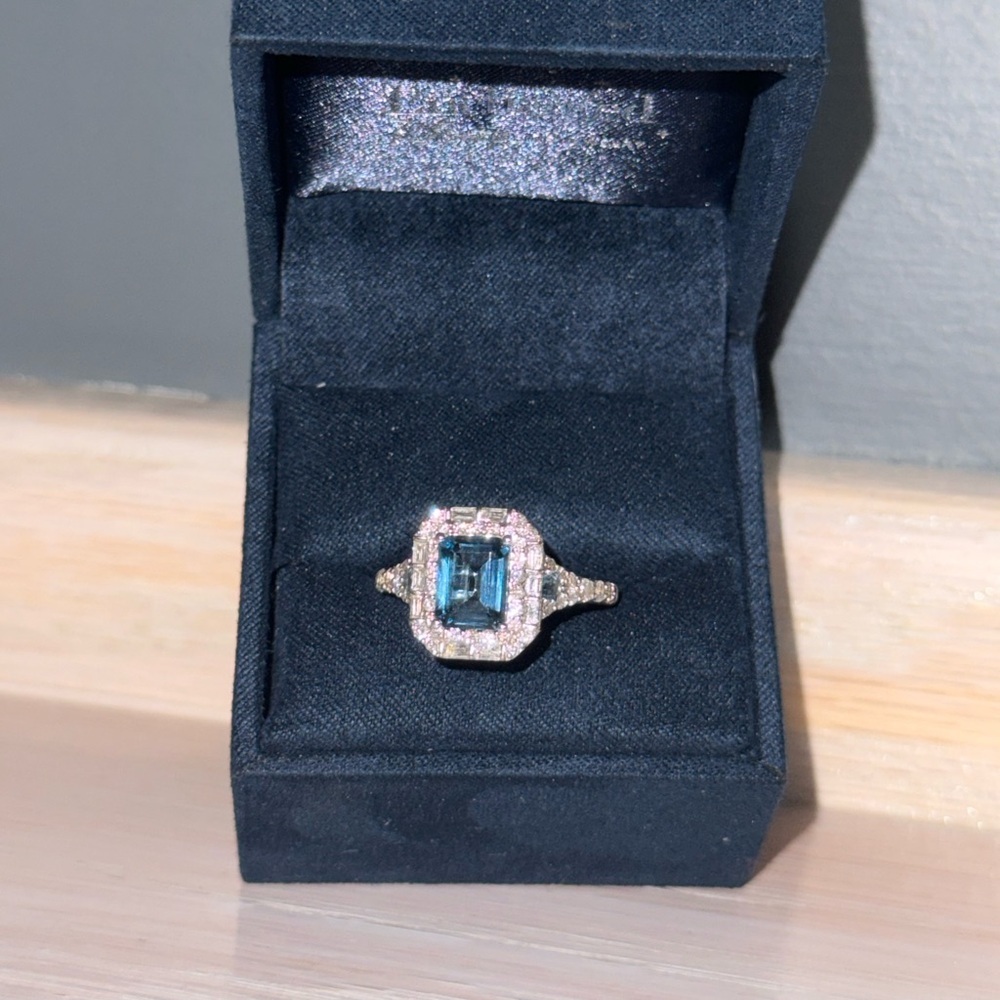 Disney Cinderella London Blue Topaz & Diamond Halo Ring 14K White Gold Size 8